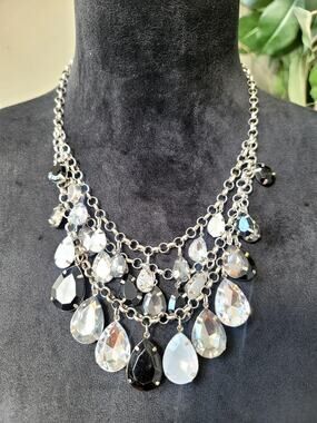Black & Clear Crystal Teardrop Statement Necklace Silver Tone Layered Jewelry